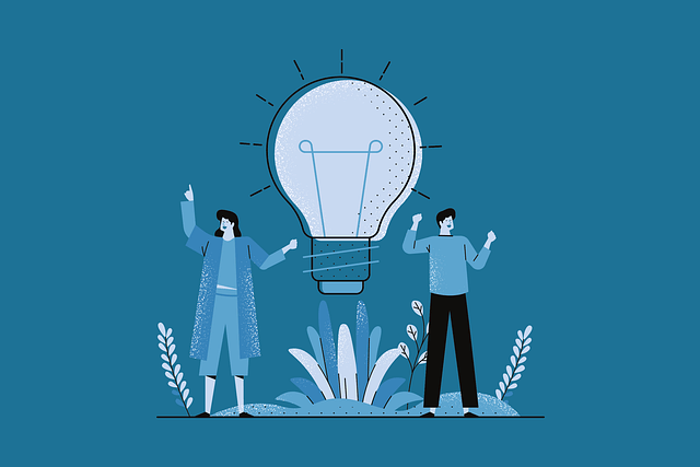 Um casal sobre uma lâmpada representando uma boa ideia
